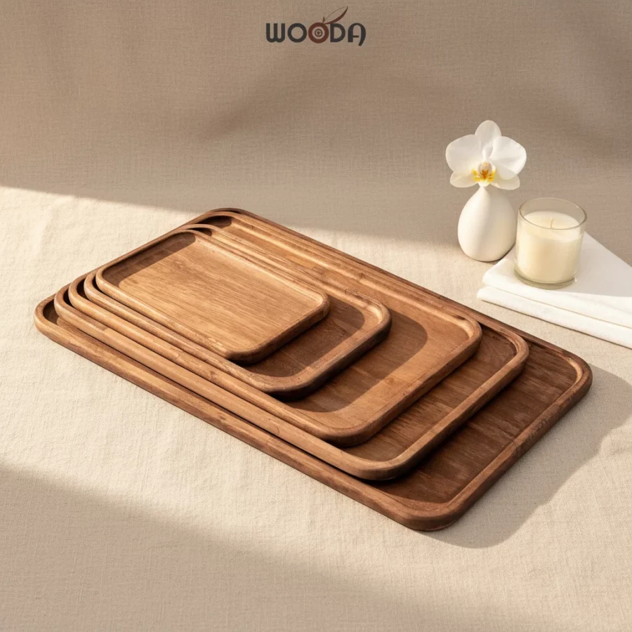 Bộ khay chữ nhật gỗ cao su tự nhiên màu nâu, mỏng nhẹ