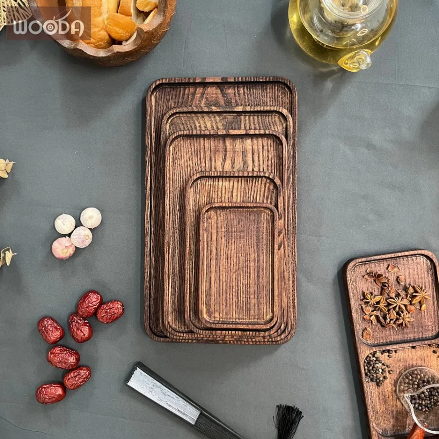 Bộ khay gỗ chữ nhật màu nâu gỗ nguyên khối - Khay gỗ phục vụ, đựng đồ ăn minimalism