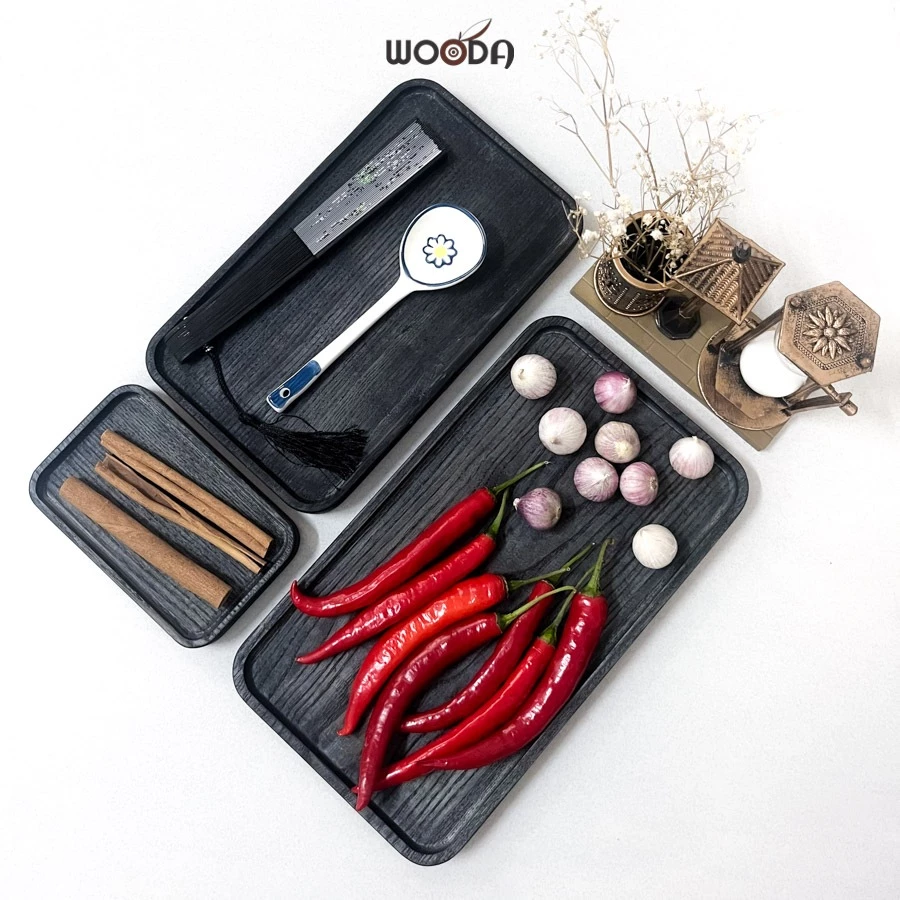 Bộ khay gỗ chữ nhật màu tối - Khay gỗ phục vụ, đựng đồ ăn minimalism