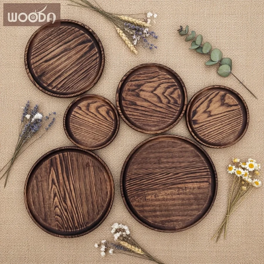 Đĩa gỗ tròn, khay gỗ tròn màu nâu từ gỗ nguyên khối - Khay gỗ phục vụ, đựng đồ ăn minimalism
