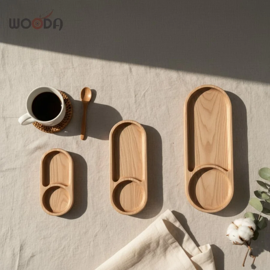 Khay Trà Gỗ Hình Oval Chia Ngăn Gỗ Tần Bì - Khay gỗ Phục Vụ