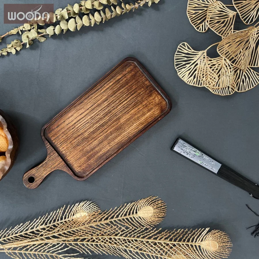 Khay chữ nhật ngắn có tay cầm tròn màu nâu, khay gỗ cao cấp có tay cầm 15x36cm