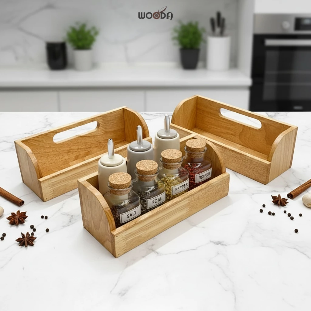Khay đa năng đựng muỗng đũa, khay đựng chai lọ gia vị bằng gỗ - Ảnh 2