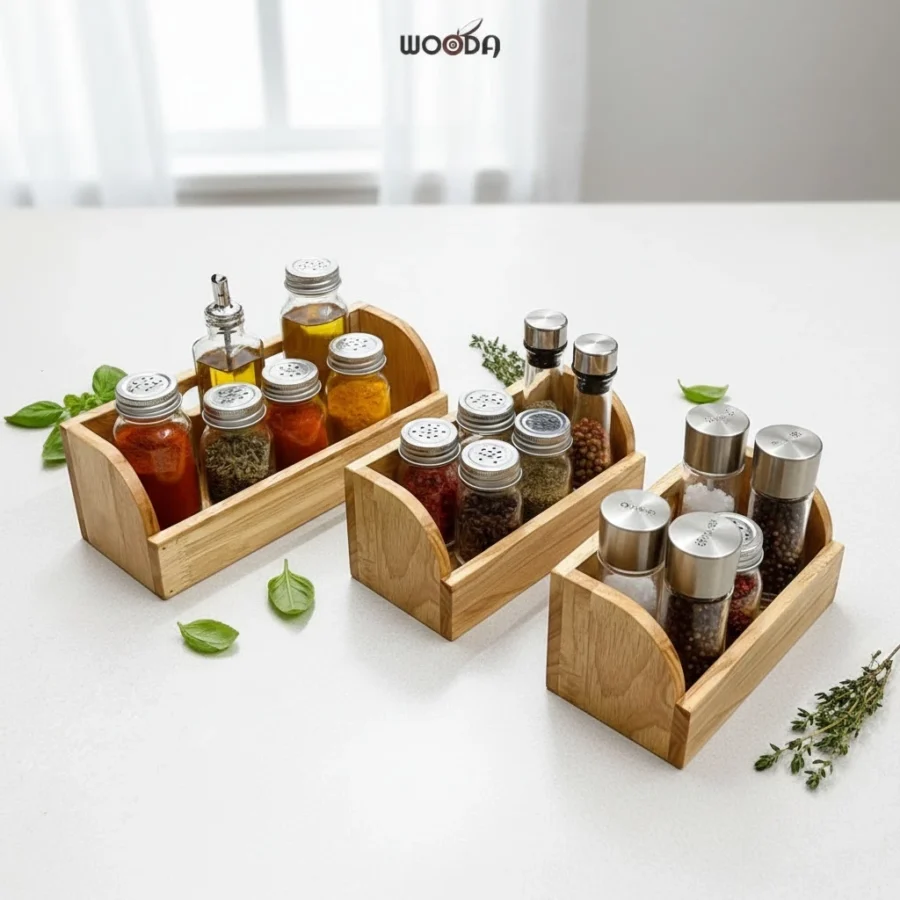 Khay đa năng đựng muỗng đũa, khay đựng chai lọ gia vị bằng gỗ