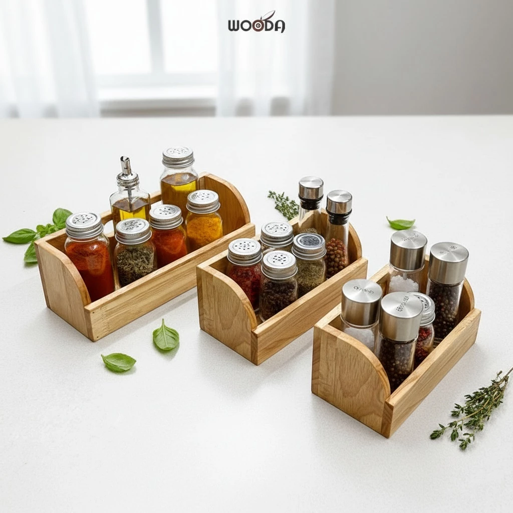 Khay đa năng đựng muỗng đũa, khay đựng chai lọ gia vị bằng gỗ