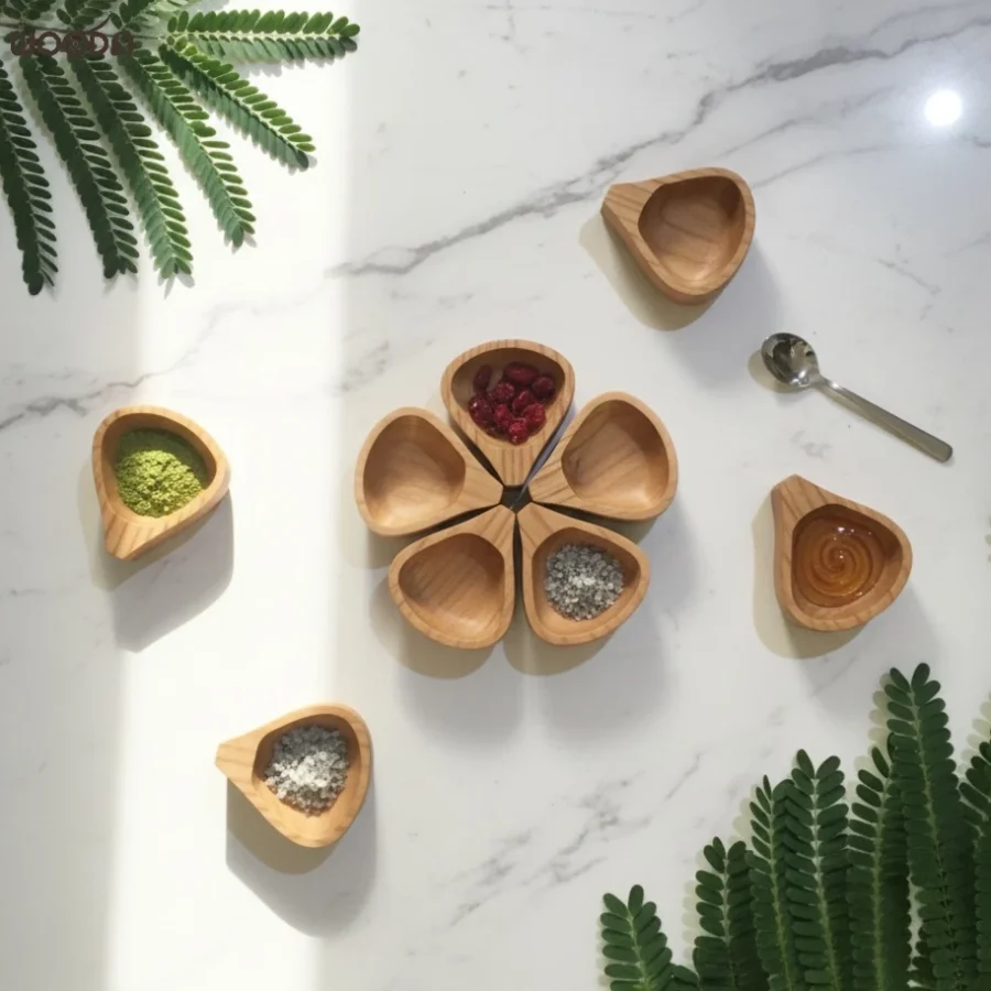 Khay gỗ đựng nước chấm/nước sốt/gia vị hình cánh hoa size 6x6.7cm