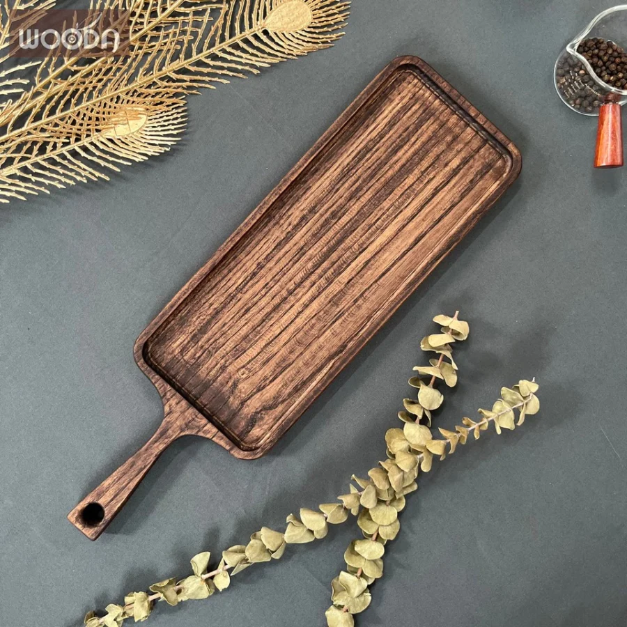 Khay gỗ hình chữ nhật có tay cầm dài màu nâu vintage, khay gỗ cao cấp có tay cầm 12.5x41cm