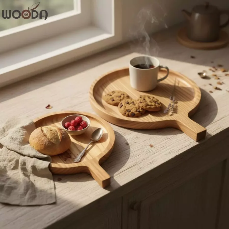 Khay gỗ hình tròn có tay cầm