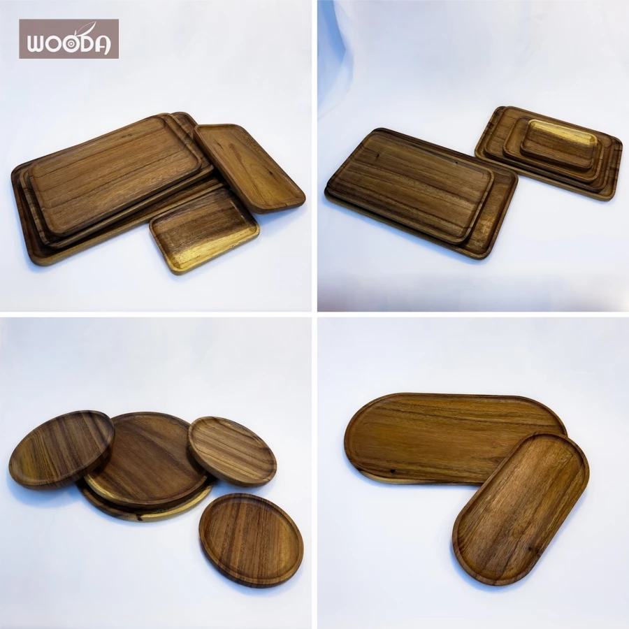 Khay gỗ nâu tự nhiên nguyên khối chữ nhật, tròn, oval đầy đủ kích thước, khay gỗ màu tối tự nhiên decor, sushi, phục vụ