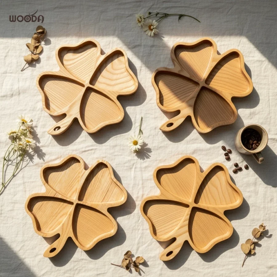 Khay gỗ tự nhiên hình cỏ 4 lá, Khay Đựng Bánh Mứt