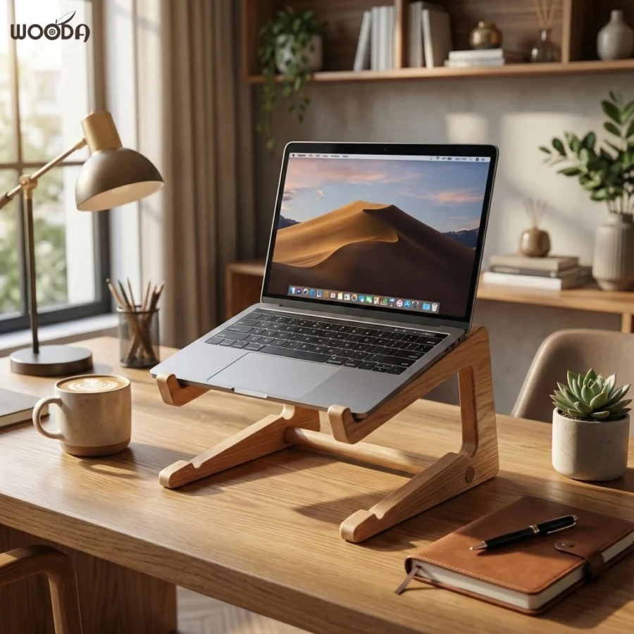 Bộ kệ, giá đỡ laptop/macbook 2 tầng đầy đủ kích thước từ gỗ ash nguyên khối tự nhiên cao cấp