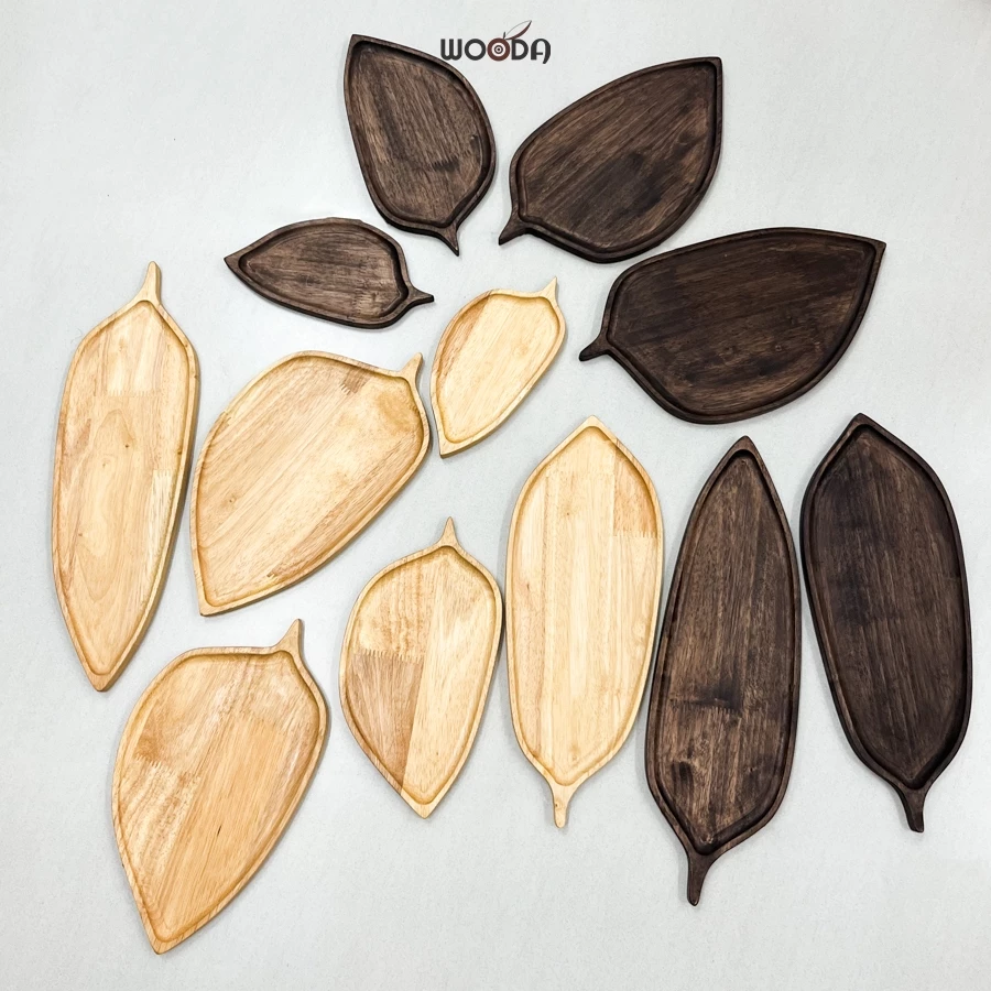 Bộ khay gỗ hình lá cây màu sáng và tối, khay gỗ cao su tự nhiên hình lá décor