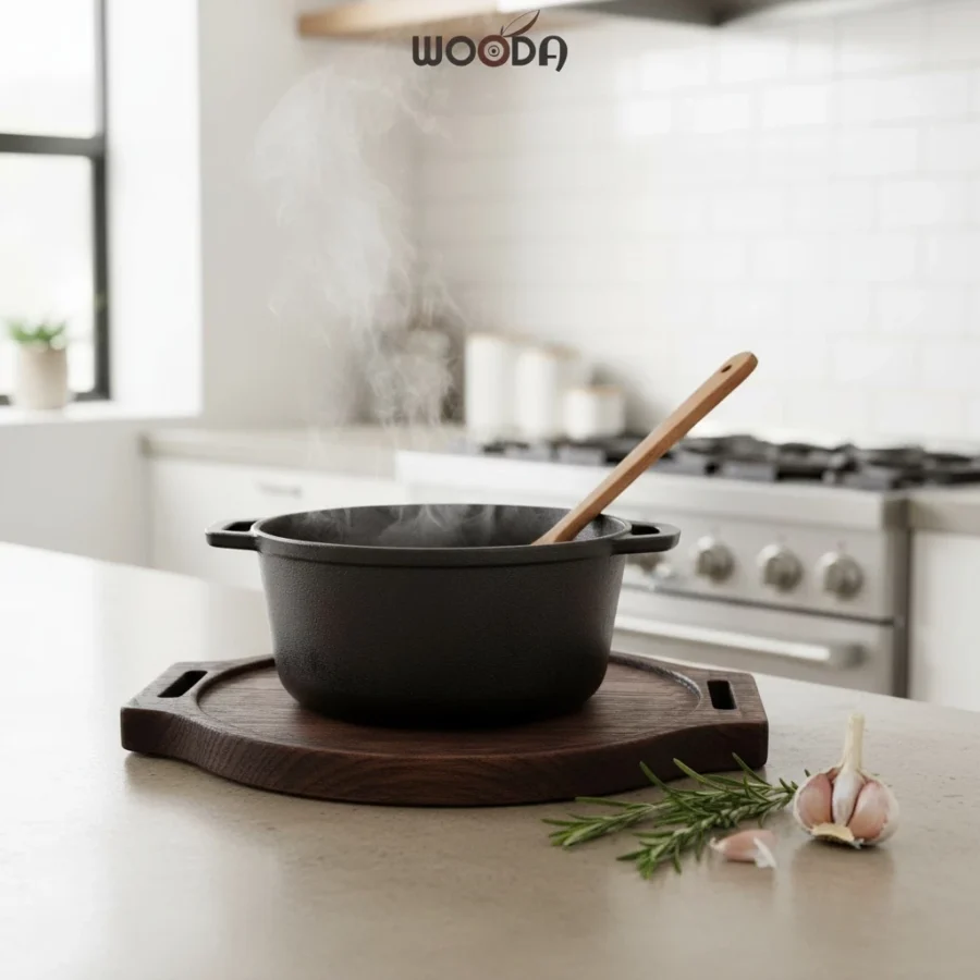 Đế nồi gỗ cao cấp màu nâu, khay gỗ hình tròn có tay cầm