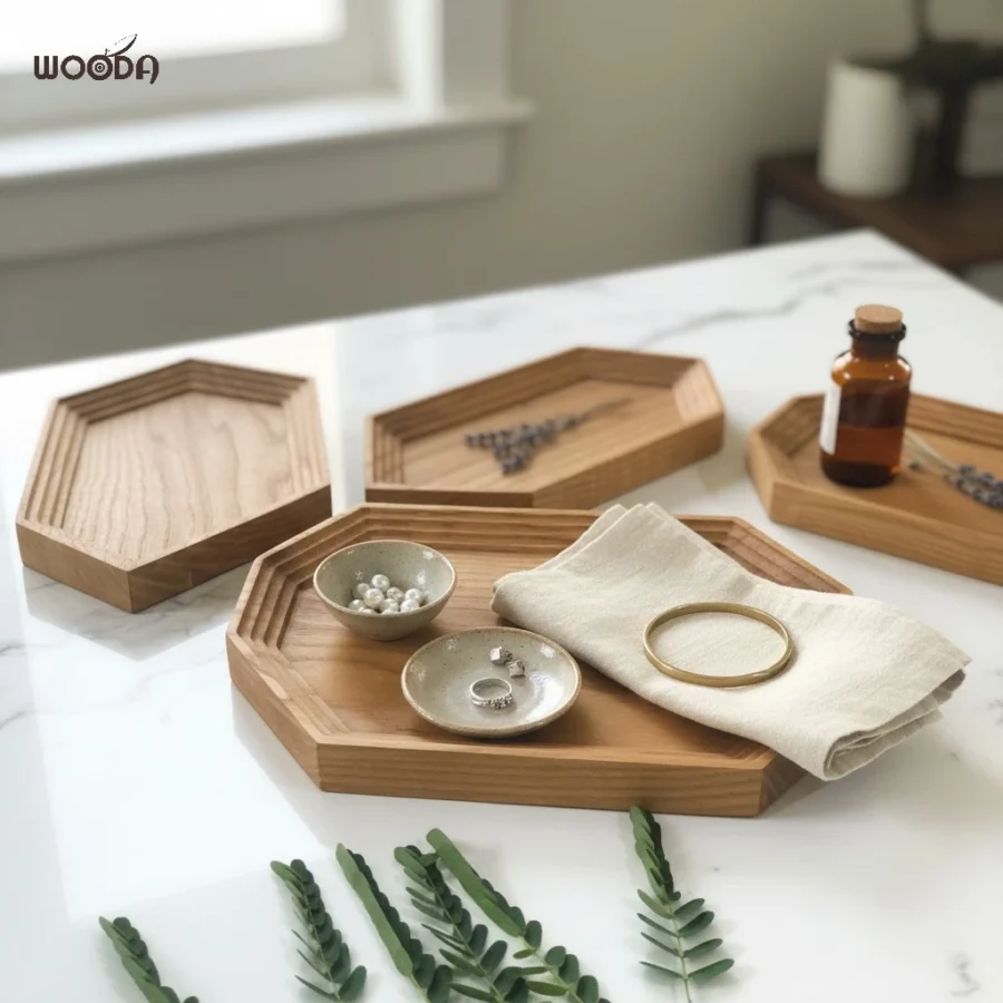 Khay Gỗ Ash Đựng Thực Phẩm, Decor Hình Tinh Thể Thạch Anh