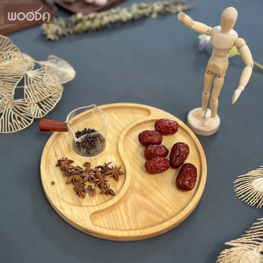 Khay Gỗ Tròn 2 Ngăn Decor Hình Thái Cực, Khay Đựng Bánh Mứt