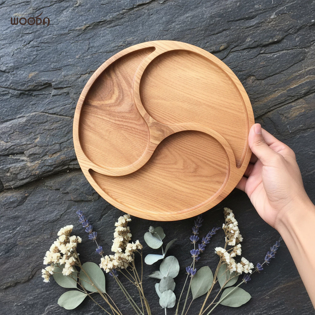 Khay Gỗ Tròn 3 Ngăn Gỗ Tự Nhiên, Khay Đựng Bánh Mứt - Ảnh 2