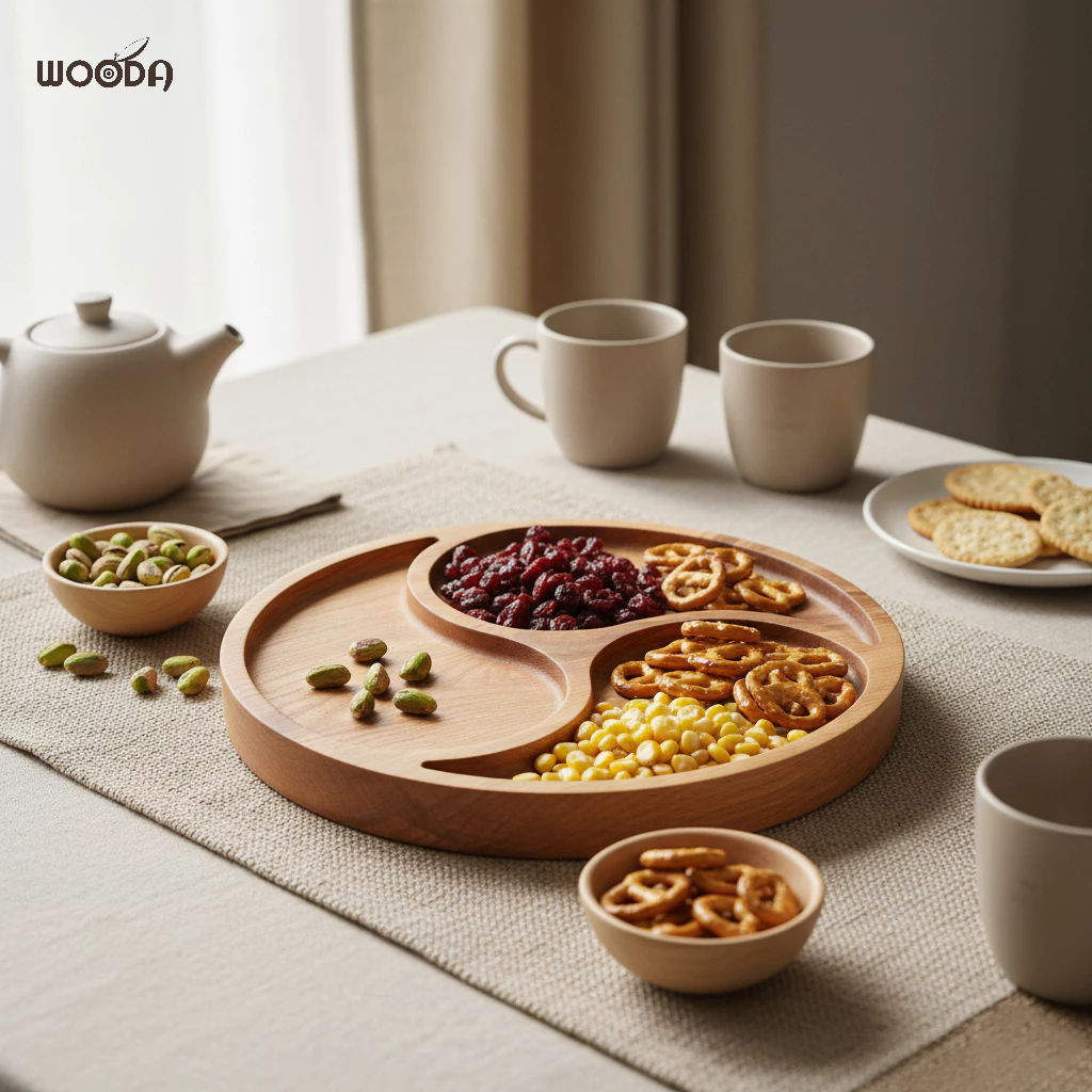 Khay Gỗ Tròn 3 Ngăn Gỗ Tự Nhiên, Khay Đựng Bánh Mứt - Ảnh 4