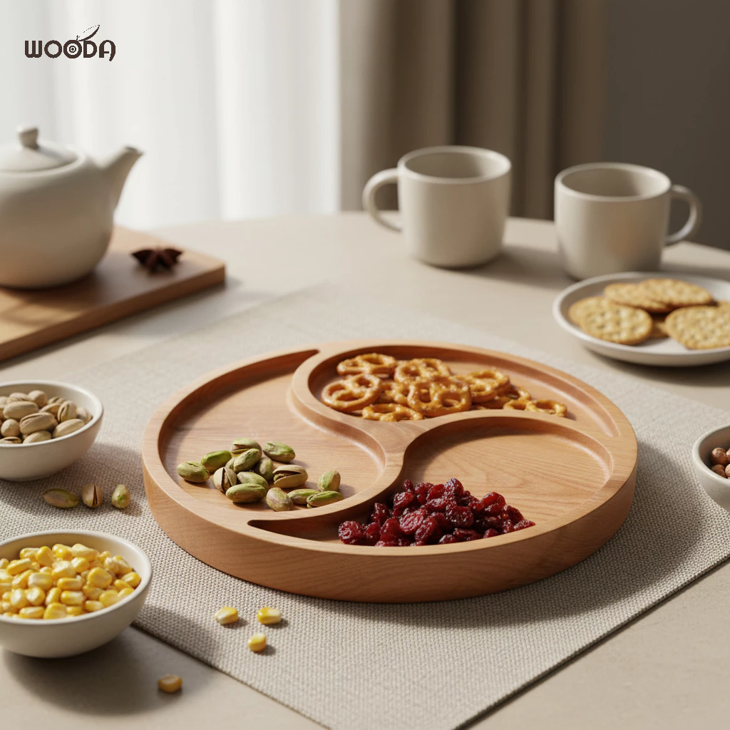 Khay Gỗ Tròn 3 Ngăn Gỗ Tự Nhiên, Khay Đựng Bánh Mứt - Ảnh 5