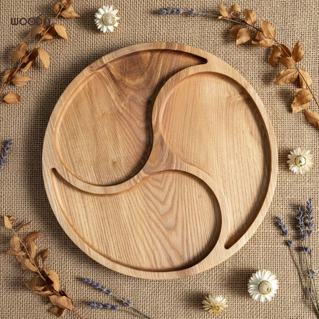 Khay Gỗ Tròn 3 Ngăn Gỗ Tự Nhiên, Khay Đựng Bánh Mứt