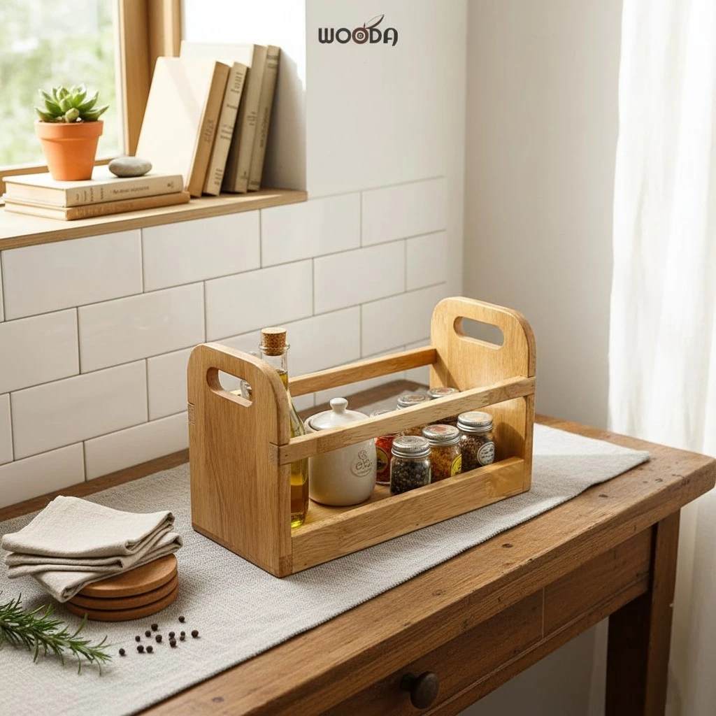 Khay đa năng đựng muỗng đũa, khay đựng chai lọ gia vị bằng gỗ - Ảnh 5