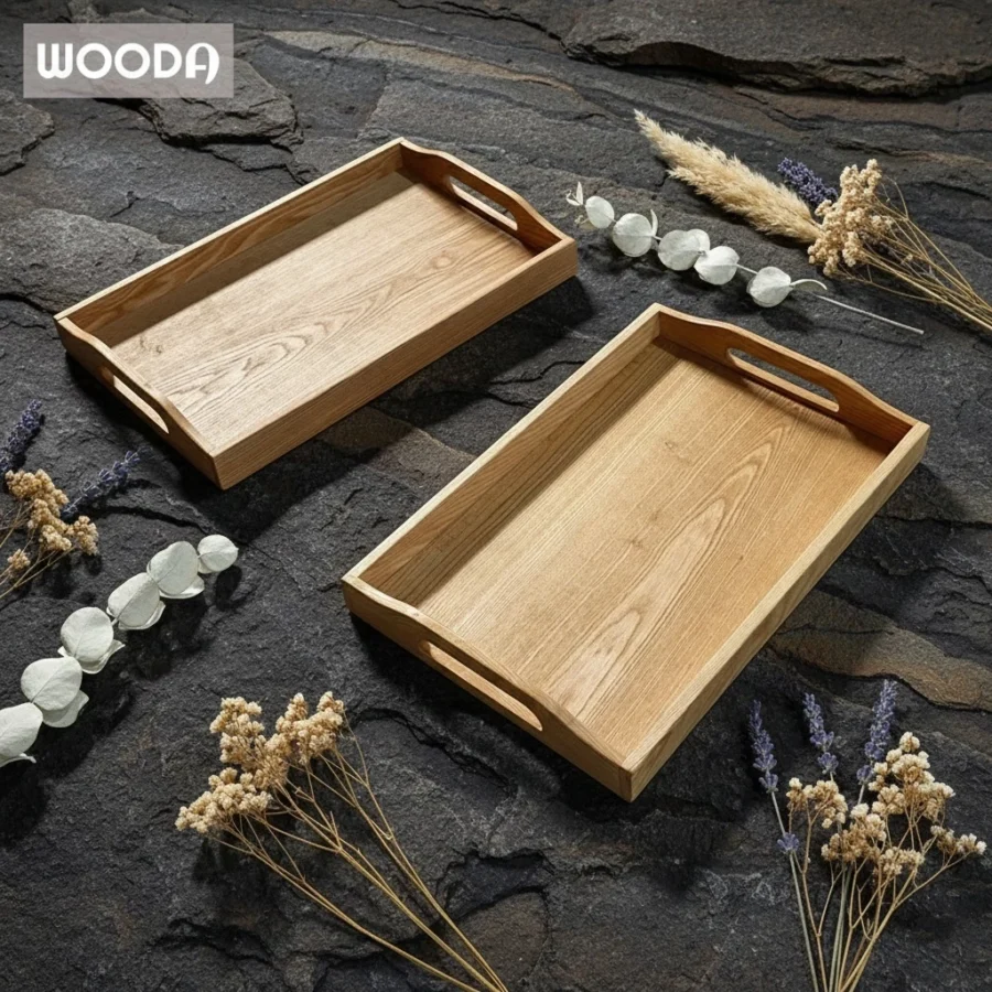 Khay gỗ ASH lớn hình chữ nhật có tay cầm đa năng chất lượng, khay đựng trà, decor và phục vụ
