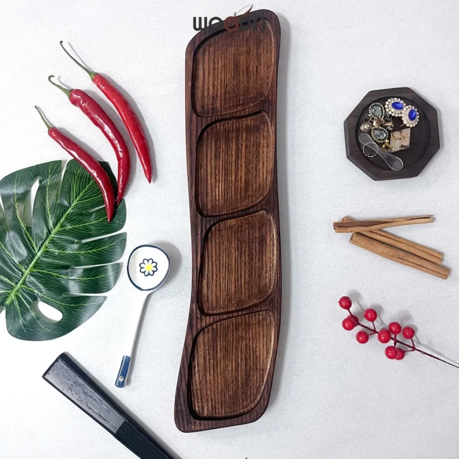 Khay gỗ Ash dài 4 ngăn hình hạt me, khay gỗ tần bì dài màu nâu