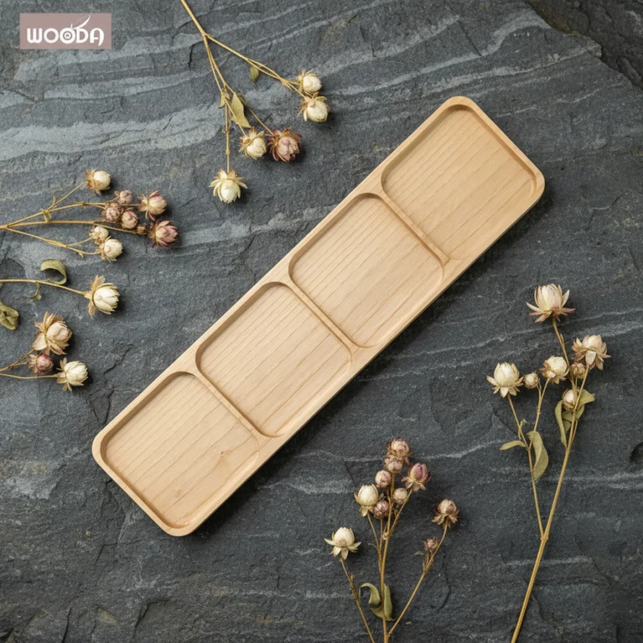 Khay gỗ bốn ngăn decor, đựng thức ăn