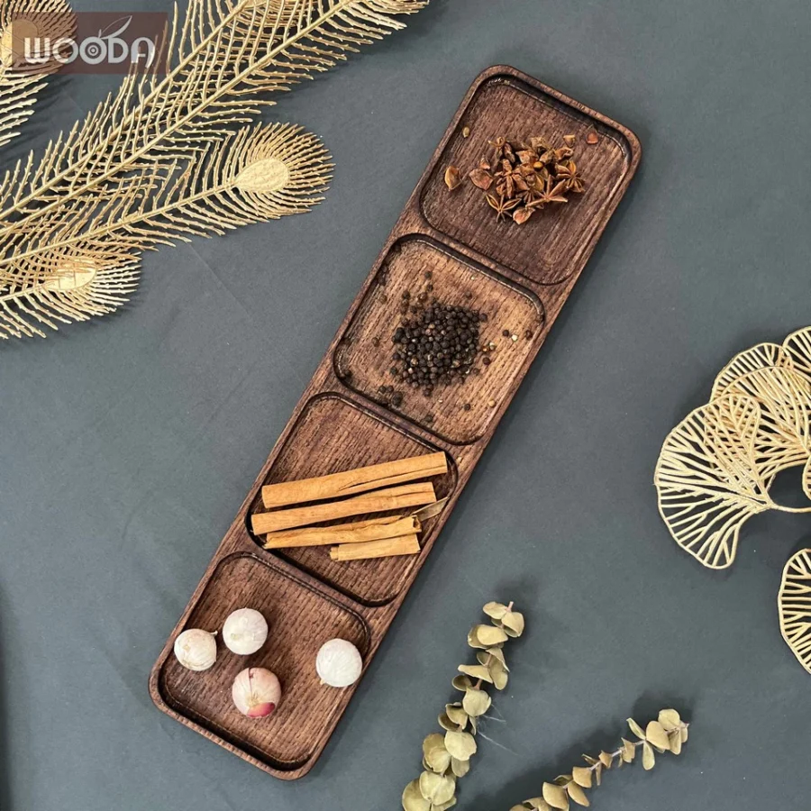Khay gỗ chữ nhật dài 4 ngăn màu nâu vintage, khay gỗ cao cấp décor