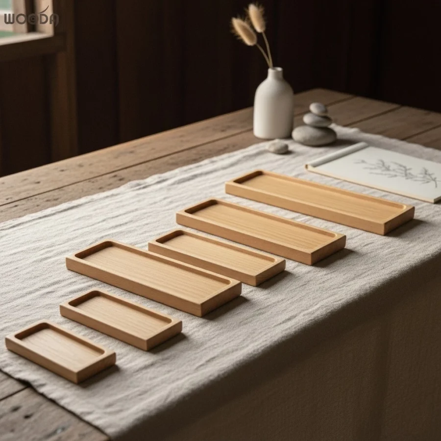 Khay gỗ chữ nhật dài góc vuông đựng thực phẩm, decor bàn ăn