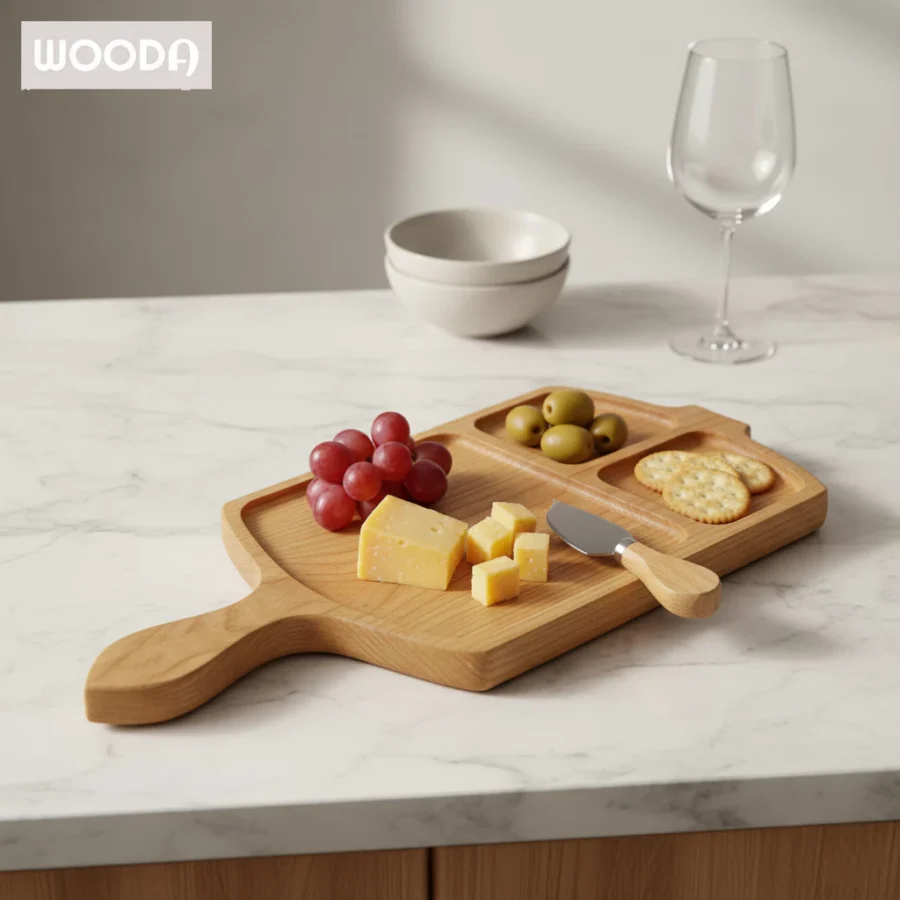 Khay gỗ có tay cầm chia ngăn, khay gỗ Ash tự nhiên chất lượng