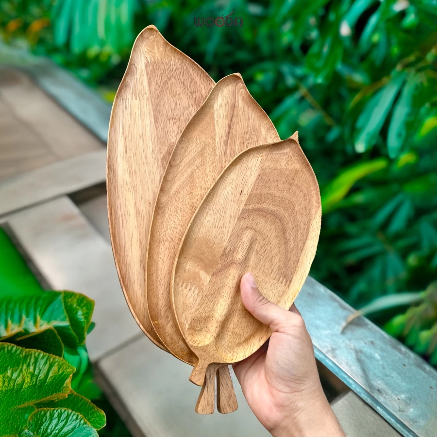 Khay gỗ hình chiếc lá bầu, khay gỗ decor