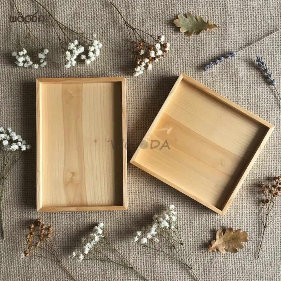 Khay gỗ hình chữ nhật và vuông, khay gỗ tự nhiên đa năng đế gỗ dày chắc chắn