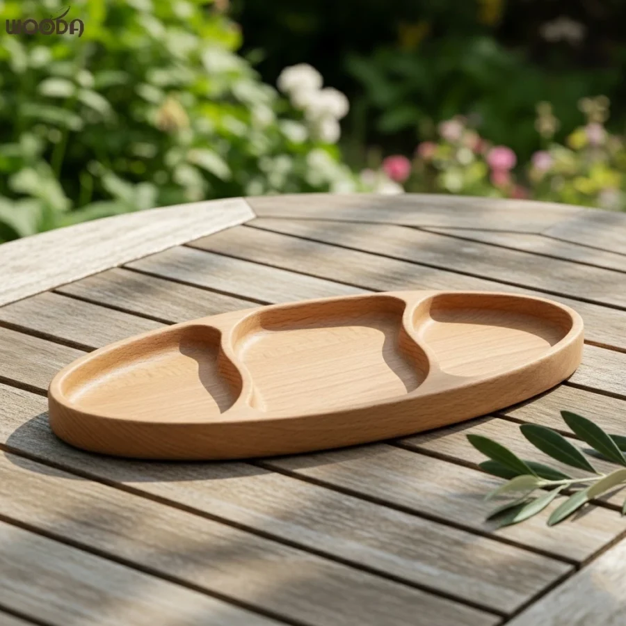Khay gỗ hình oval 3 ngăn decor, khay gỗ phục vụ
