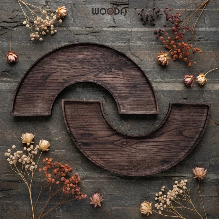 Khay gỗ nửa hình vành khăn màu nâu, mâm gỗ đựng thịt nướng, khay bánh mứt