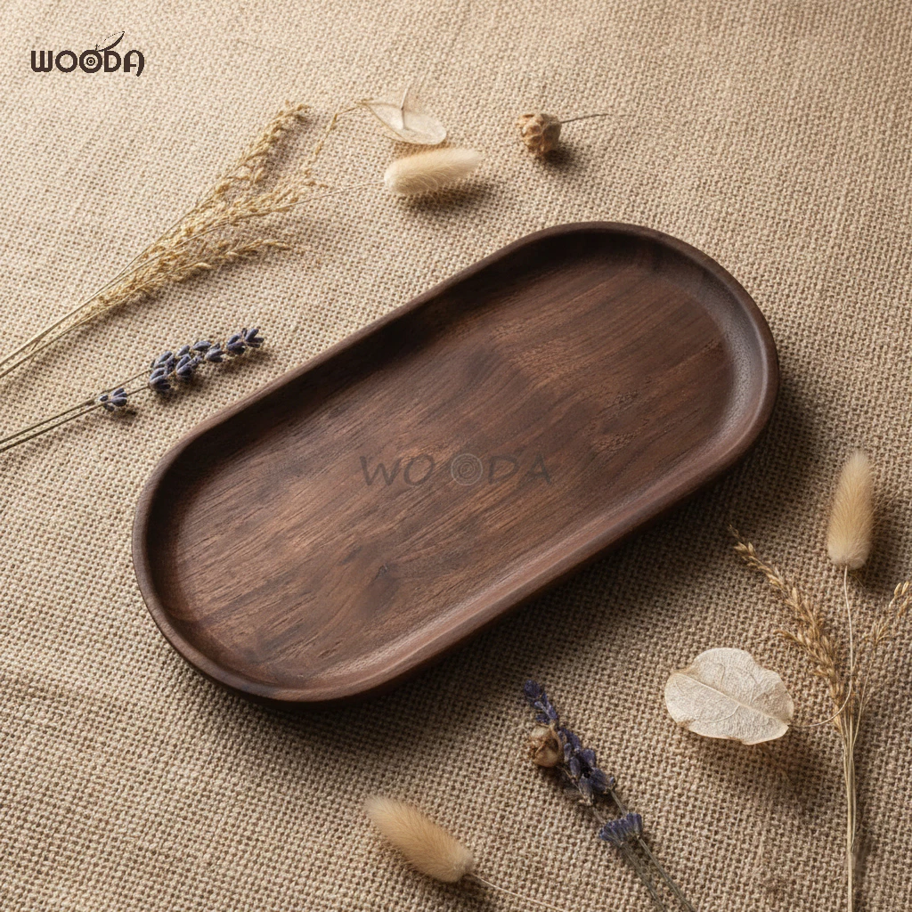 Khay gỗ óc chó (walnut) nguyên khối cao cấp hình oval, khay đựng thực phẩm, khay trà - Ảnh 2