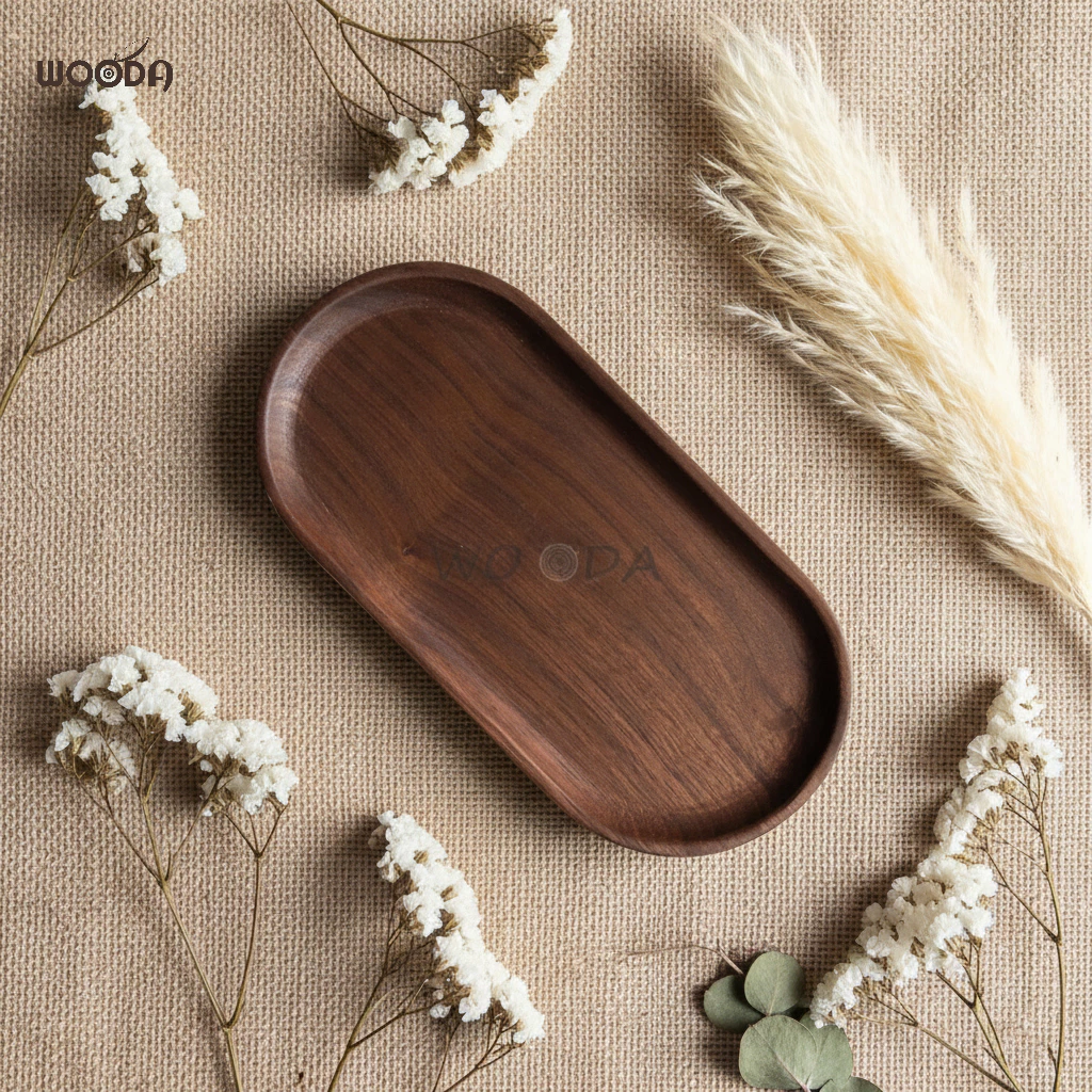 Khay gỗ óc chó (walnut) nguyên khối cao cấp hình oval, khay đựng thực phẩm, khay trà