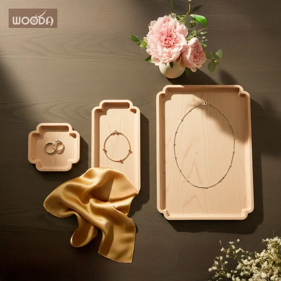 Khay gỗ tần bì đựng trang sức, khay gỗ tự nhiên decor bo góc hoa thị