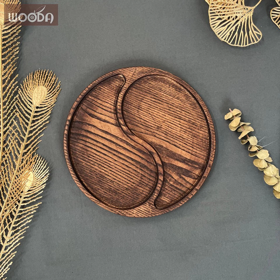 Khay gỗ tròn 2 ngăn thái cực màu nâu vintage, khay trà cao cấp đường kính 25cm, khay gỗ decor - Ảnh 4