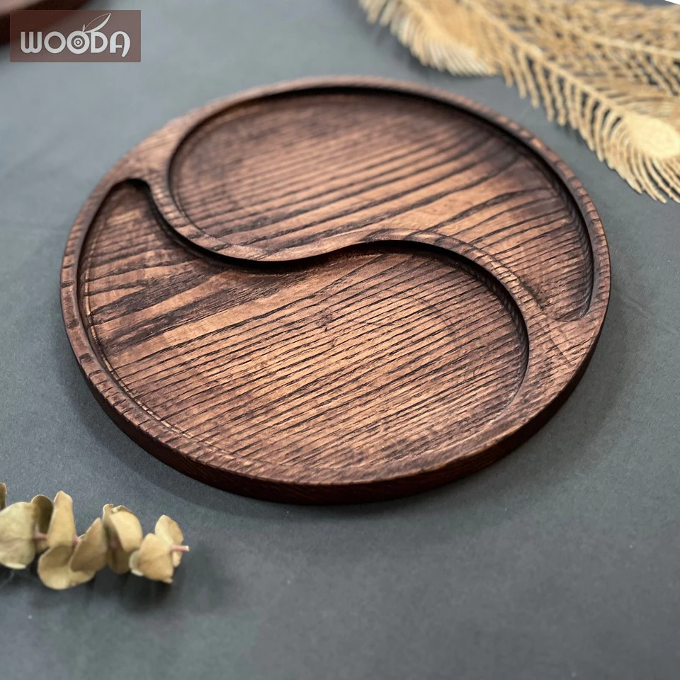 Khay gỗ tròn 2 ngăn thái cực màu nâu vintage, khay trà cao cấp đường kính 25cm, khay gỗ decor - Ảnh 5