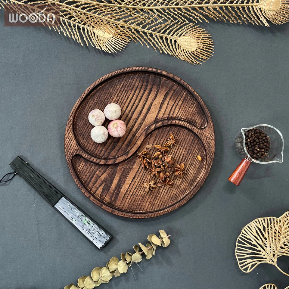 Khay gỗ tròn 2 ngăn thái cực màu nâu vintage, khay trà cao cấp đường kính 25cm, khay gỗ decor