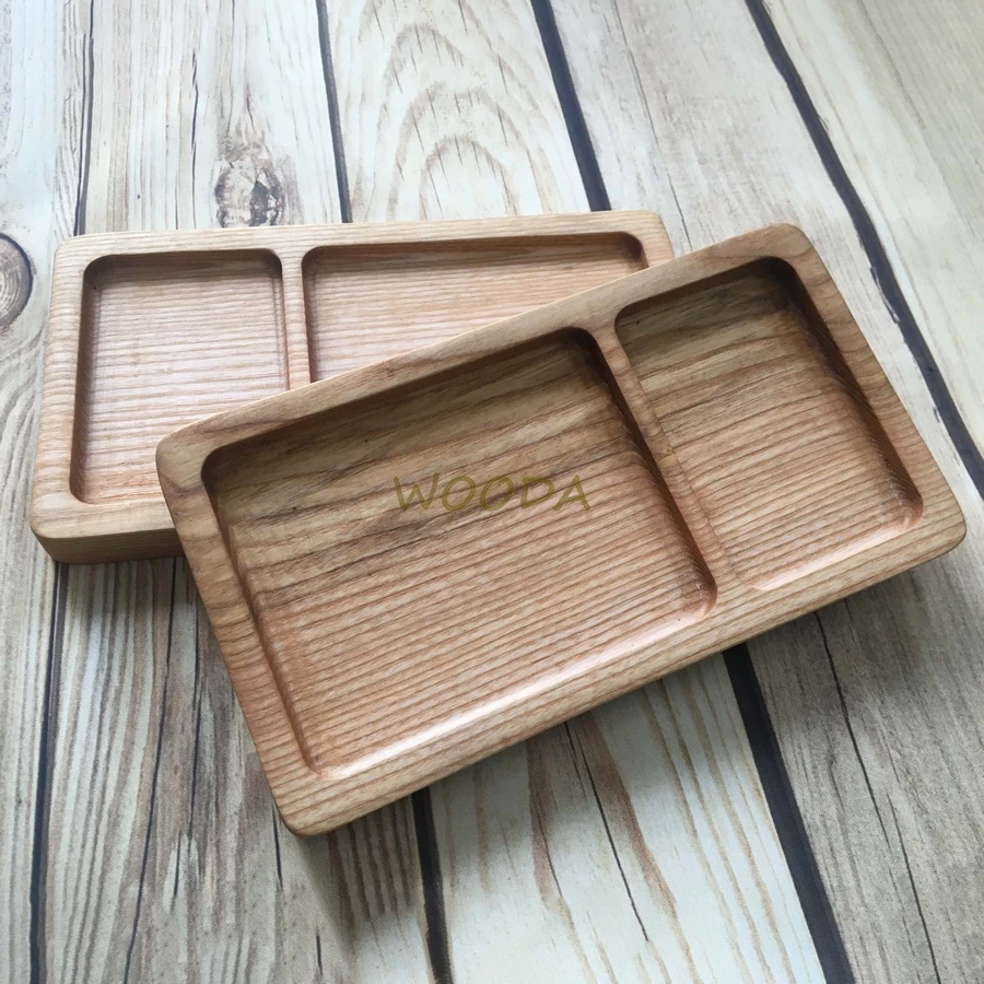 Khay gỗ tự nhiên chữ nhật đa năng 2 ngăn, kích thước 14x25.5cm