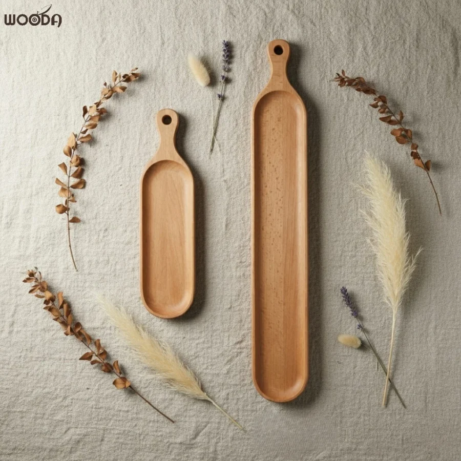 Khay oval dài có tay cầm, khay gỗ decor, phục vụ