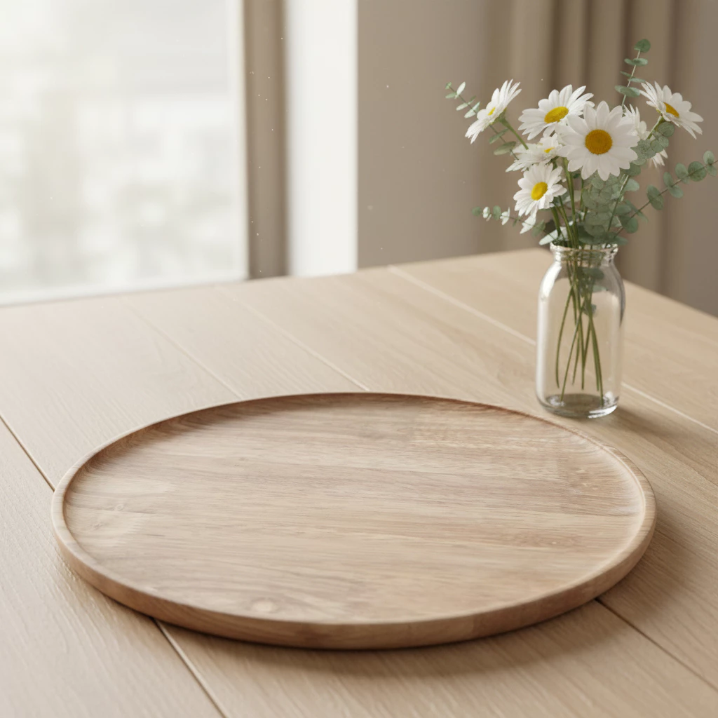 Mâm gỗ cao su tự nhiên hình tròn, mâm gỗ lớn phục vụ mỏng nhẹ - Ảnh 3