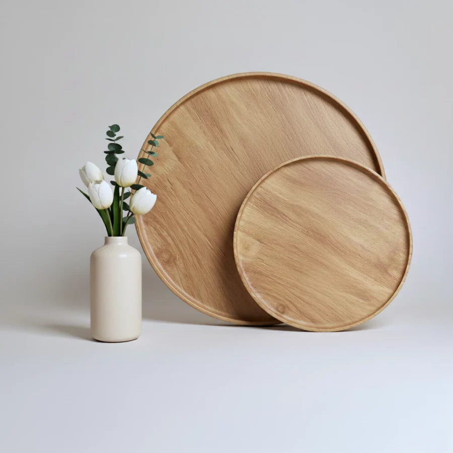 Mâm gỗ cao su tự nhiên hình tròn, mâm gỗ lớn phục vụ mỏng nhẹ