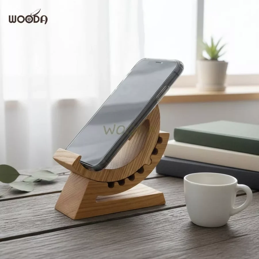 Kệ để điện thoại thông minh hình bánh răng bằng gỗ ash (tần bì) cao cấp nguyên khối, dễ dàng thay đổi độ nghiêng