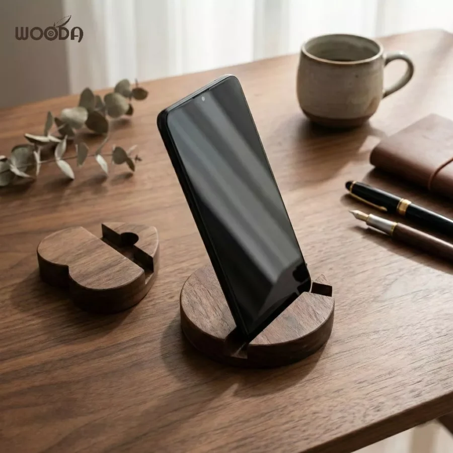 Kệ điện thoại tối giản hình tròn từ gỗ Walnut cao cấp