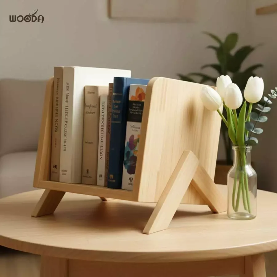 Kệ sách nghiêng để bàn mini gỗ cao su, kệ sách decor, sắp xếp bàn làm việc