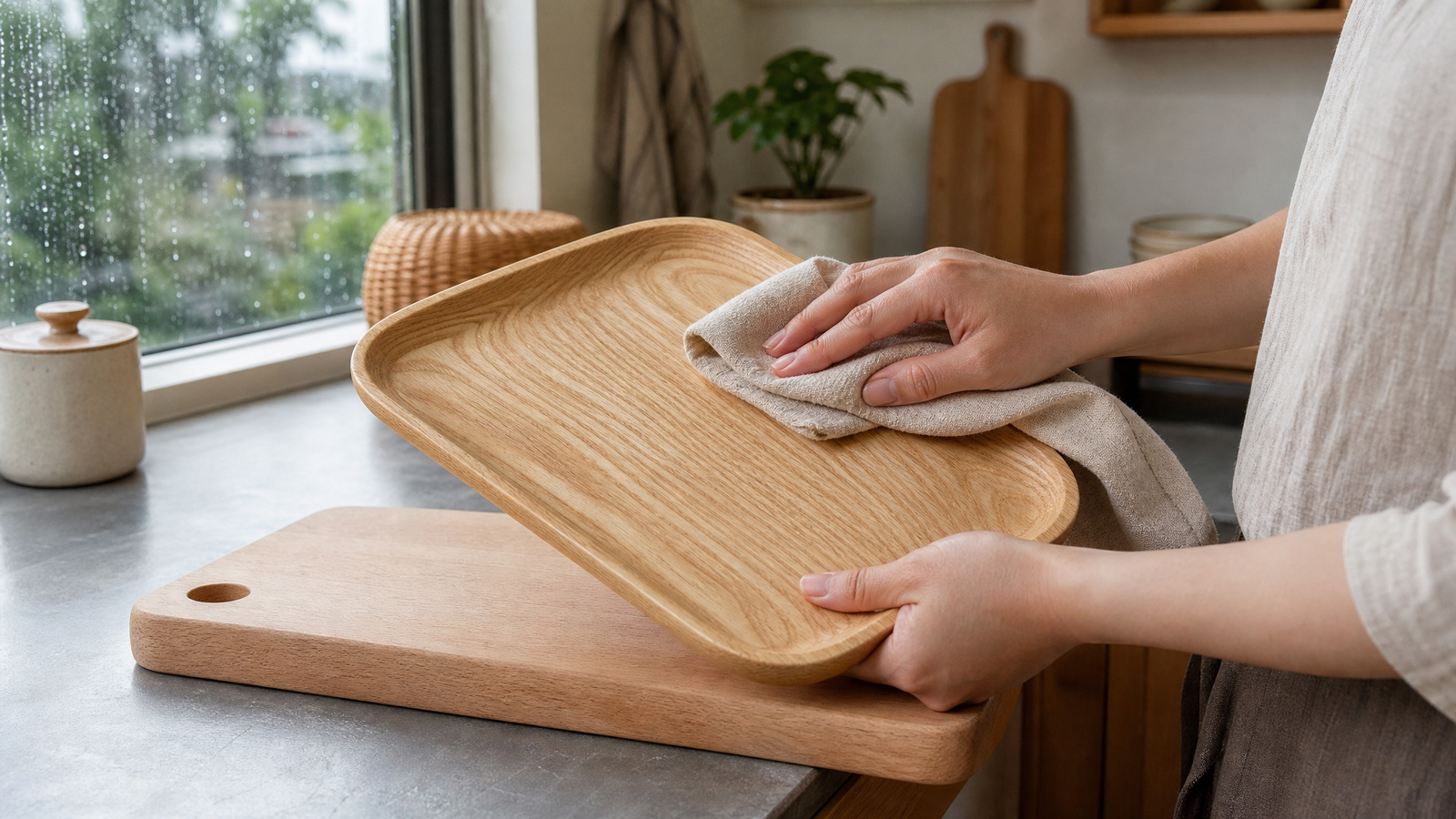 Lau khô khay gỗ tần bì và thớt gỗ dẻ gai bằng khăn mềm trong mùa mưa